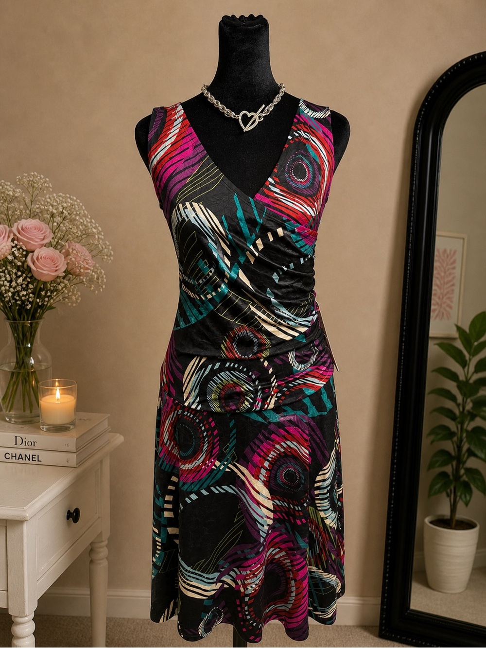 Isle Apparel abstract wrap dress pink black blue ruched sleeveless size S Y2K